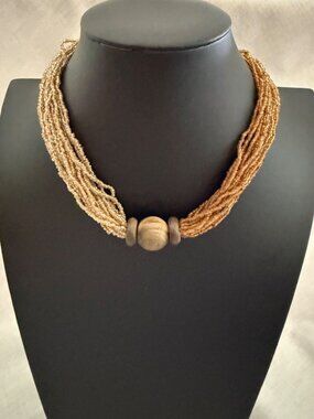 Boho Multi Strand Beaded Necklace 17 Inch Signed JOIA Wood Bead Earthy Brown